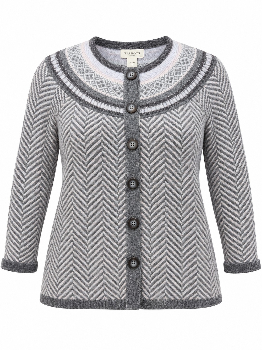 TALBOTS | Lambswool Angora Nordic Herringbone Cardigan Sweater | Petite L